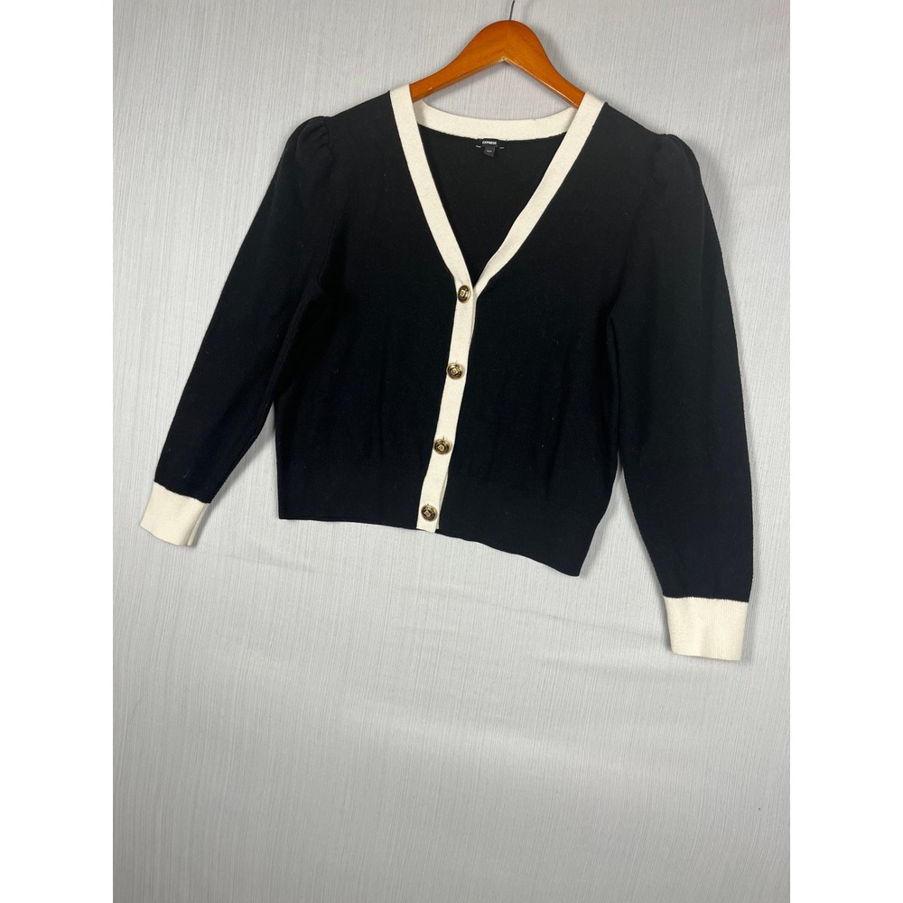 Express Cardigan Womens XL Black White Contrast Trim‎ Puff Sleeve Gold Button